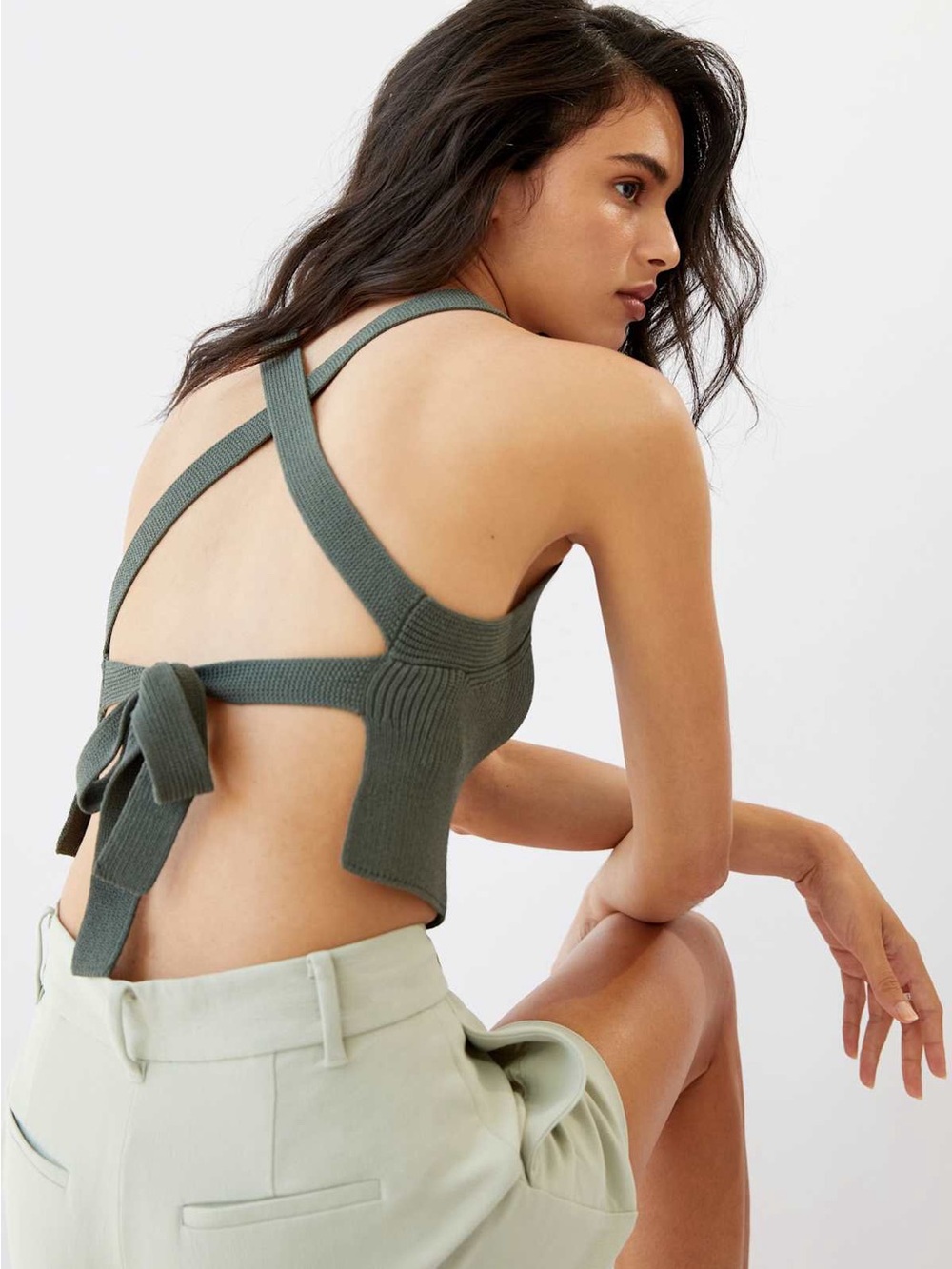 Wilfred Aritzia green olive knit tie open back tank crop top square neck NWOT